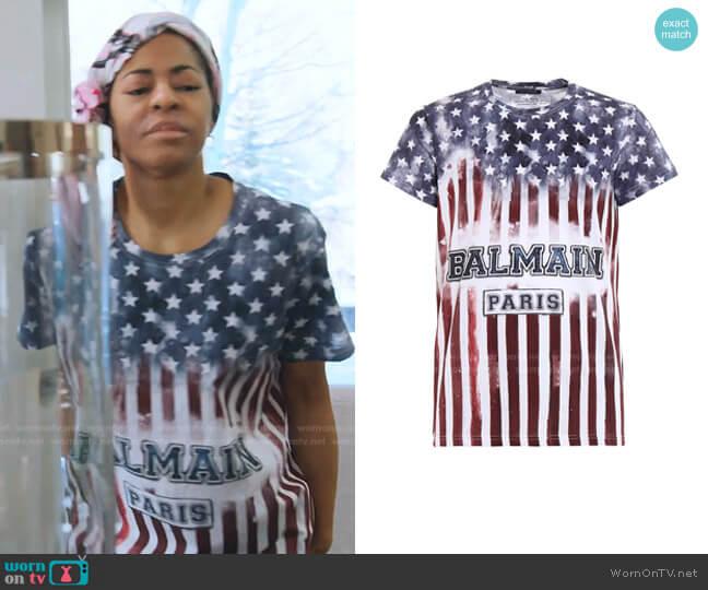 Cotton USA flag print T-shirt by Balmain worn by Mary Cosby on The Real Housewives of Salt Lake City