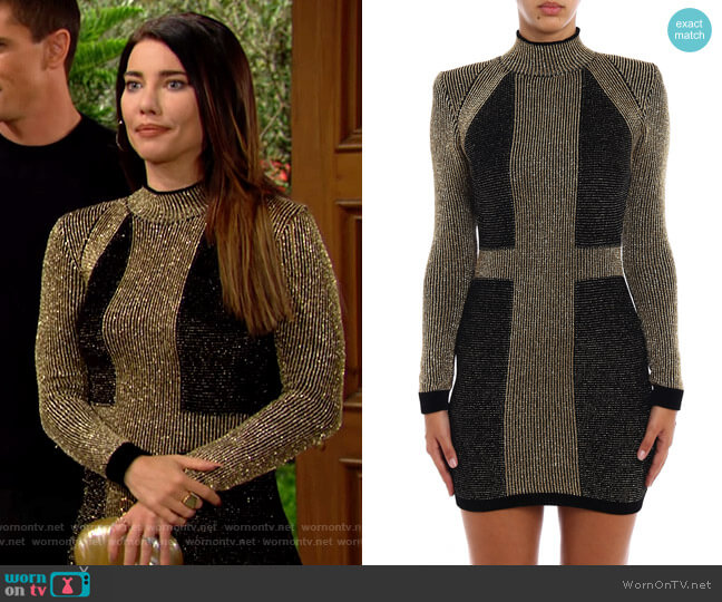 Balmain Colorblock Velvet and Lurex Dress worn by Steffy Forrester (Jacqueline MacInnes Wood) on The Bold & the Beautiful