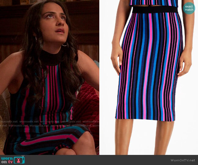 Bar III Metallic Striped Pencil Skirt worn by Bela Malhotra (Amrit Kaur) on The Sex Lives of College Girls