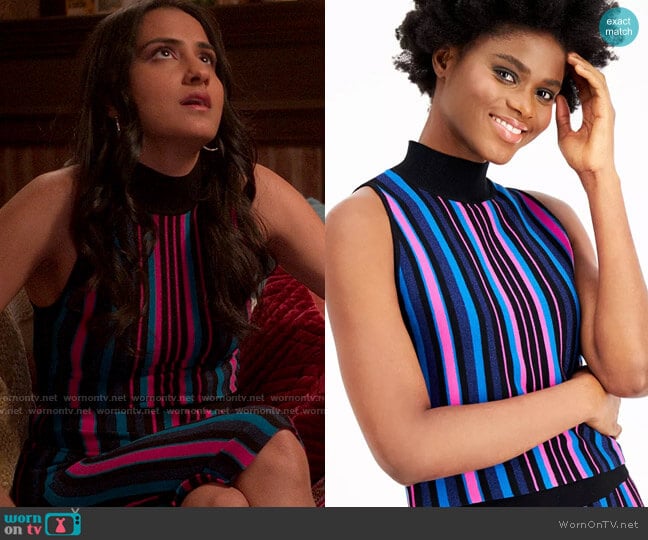 Bar III Striped Sweater Tank Top worn by Bela Malhotra (Amrit Kaur) on The Sex Lives of College Girls