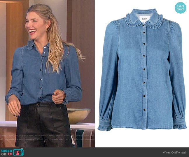 Lila frilled-edge denim shirt by Ba&sh worn by Amanda Kloots on The Talk