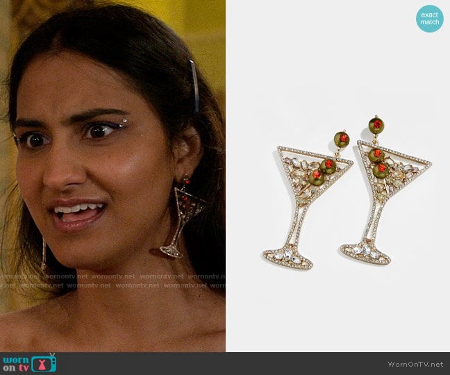 Baublebar Shaken, Not Stirred, Earrings worn by Bela Malhotra (Amrit Kaur) on The Sex Lives of College Girls