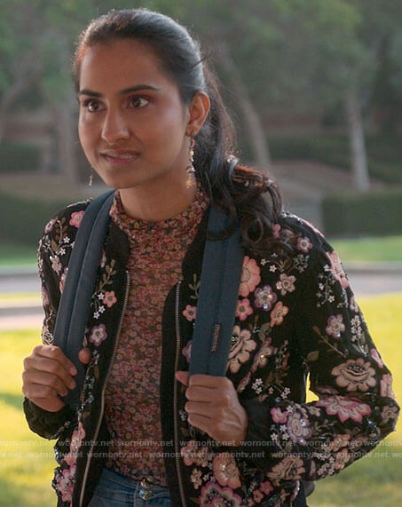 Bela’s floral embroidered bomber jacket on The Sex Lives of College Girls
