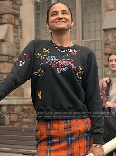 Bela's tiger embroidered sweatshirt on The Sex Lives of College Girls