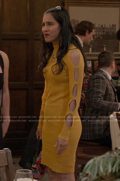 Bela’s yellow dress with sleeve cutouts on The Sex Lives of College Girls