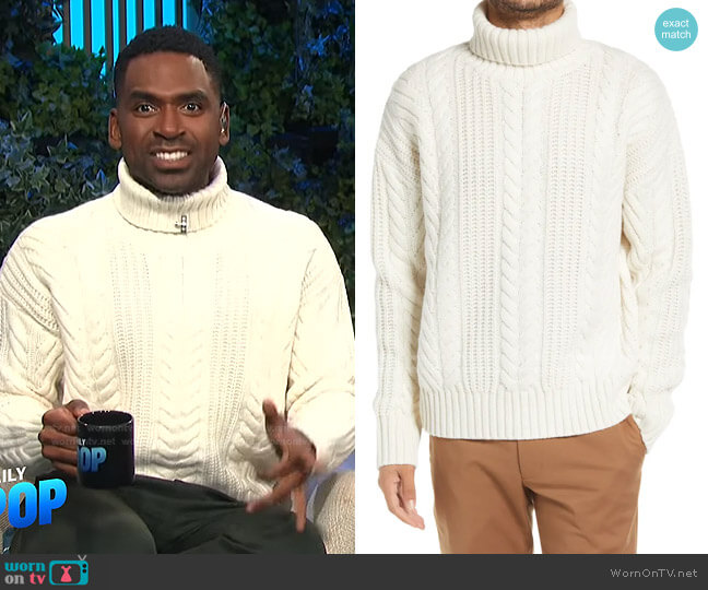 Nannos Turtleneck Cable Knit Wool Sweater by Boss worn by Justin Sylvester on E! News