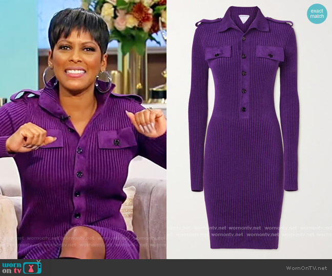 Ribbed-knit turtleneck mini dress by Bottega Veneta worn by Tamron Hall on Tamron Hall Show