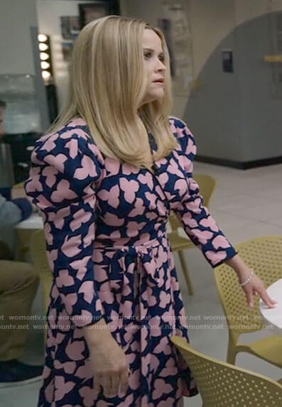 Bradley's blue and pink printed wrap dress on The Morning Show