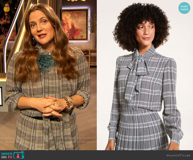 Glen Plaid Crepe Blouse and Skirt by Brooks Brothers worn by Drew Barrymore on The Drew Barrymore Show