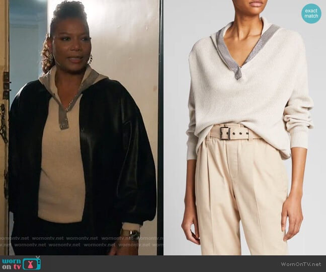 Brunello Cucinelli Ribbed Hooded Sweater w/ Monili Trim worn by Robyn McCall (Queen Latifah) on The Equalizer