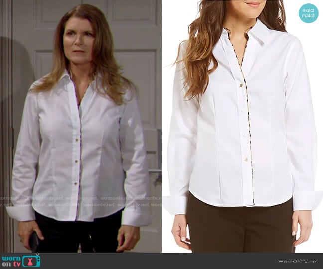 Calvin Klein Oxford Top with Leopard Piping worn by Sheila Carter (Kimberlin Brown) on The Bold and the Beautiful