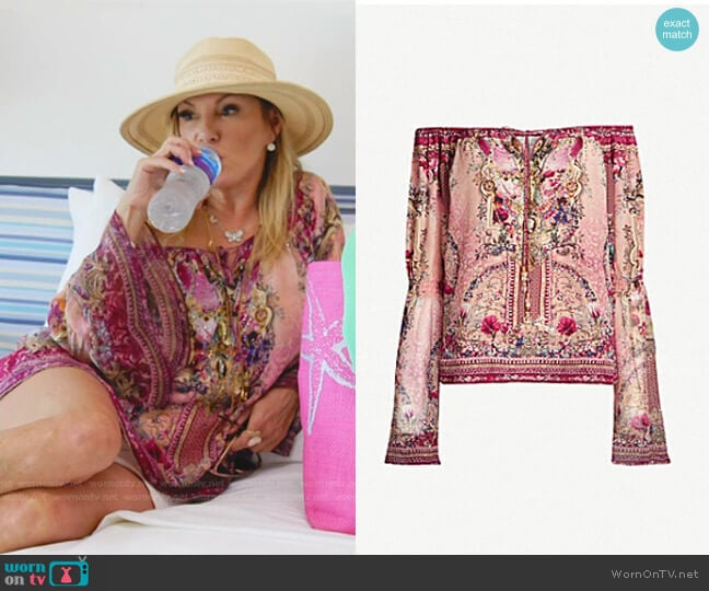 La Belle Off-the-Shoulder Silk-Crepe Top by Camilla worn by Ramona Singer on The Real Housewives Ultimate Girls Trip