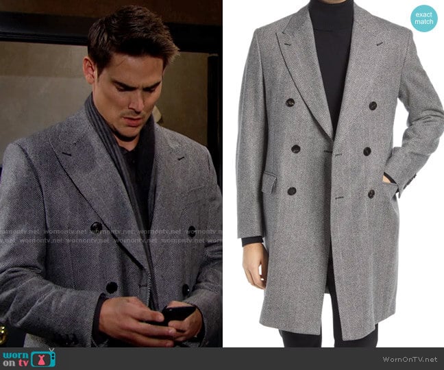 Cardinal of Canada Sheppard Herringbone Wool Double Breasted Overcoat worn by Adam on The Young and the Restless