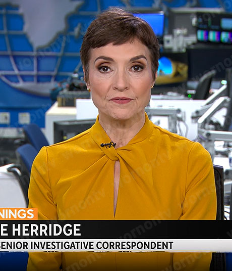 Catherine Herridge’s yellow twist neck dress on CBS Mornings