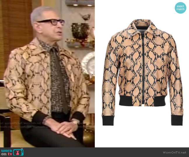 Snakeskin Print Bomber Jacket in Camel by Celine worn by Jeff Goldblum Live with Kelly and Ryan