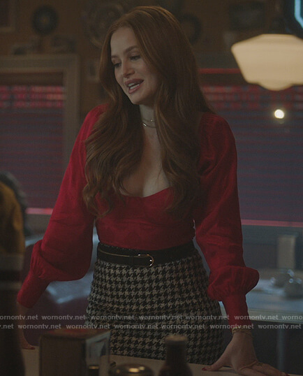 Cheryl's red printed bustier top and skirt on Riverdale