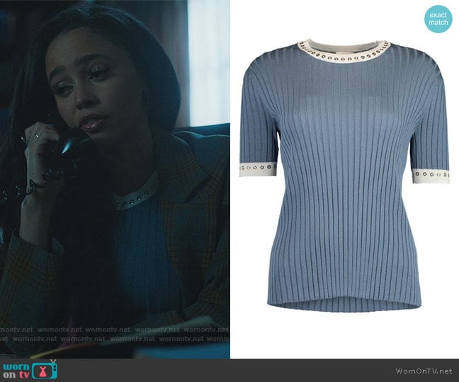 Silk Short Sleeve Ribbed Grommet Top by Chloe worn by Toni Topaz (Vanessa Morgan) on Riverdale