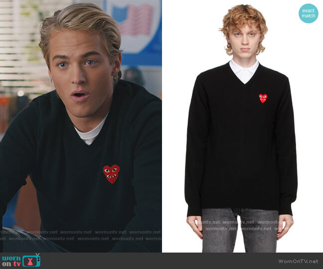 Black Double Heart V-neck Sweater by Comme Des Carcons Play worn by Mac Morris (Mitchell Hoog) on Saved By The Bell