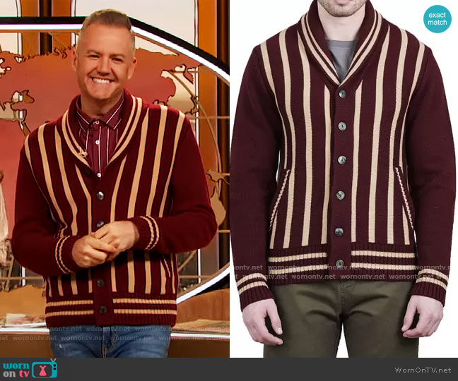 Billy The Kid Shawl Collar Cardigan with Vertical Stripes Sweater by Crwth worn by Ross Mathews on The Drew Barrymore Show