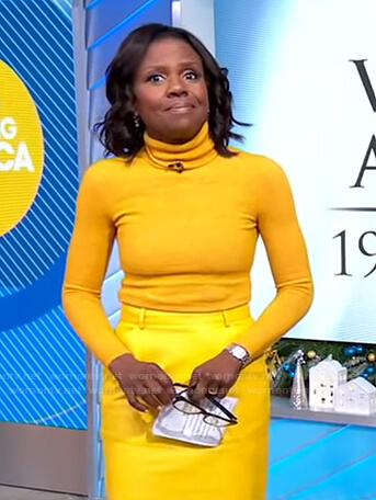 Debra's yellow turtleneck sweater and pencil skirt on Good Morning America