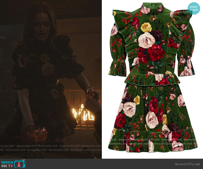 Ruffled floral-print cotton-blend velvet mini dress by Dolce & Gabbana worn by Cheryl Blossom (Madelaine Petsch) on Riverdale