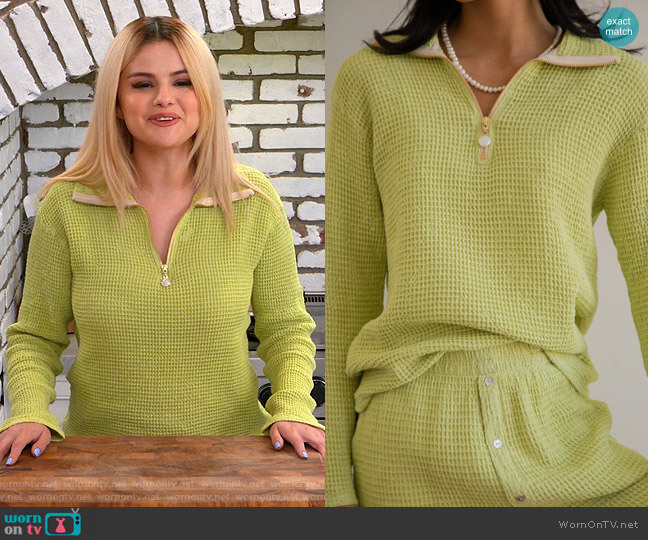 Donni Waffle 1/2 Zip Pullover in Lime worn by Selena Gomez on Selena + Chef