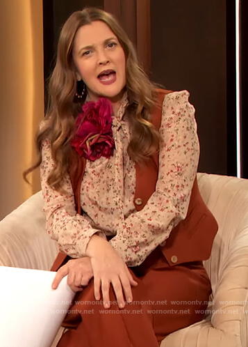 Drew’s floral tie neck blouse on The Drew Barrymore Show