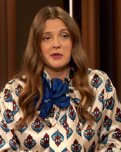 Drew’s white printed tie neck blouse on The Drew Barrymore Show