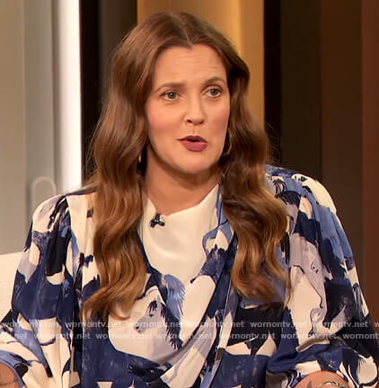 Drew’s horse print drape blouse on The Drew Barrymore Show