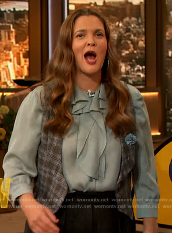 Drew’s blue ruffle front blouse on The Drew Barrymore Show