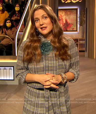 Drew's plaid tie neck blouse and skirt on The Drew Barrymore Show