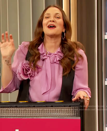 Drew’s pink ruffle blouse on The Drew Barrymore Show