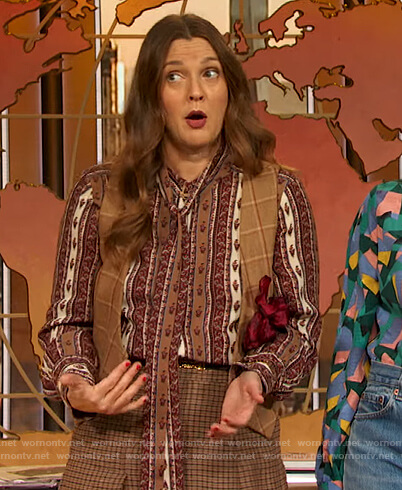 Drew’s printed tie neck blouse on The Drew Barrymore Show