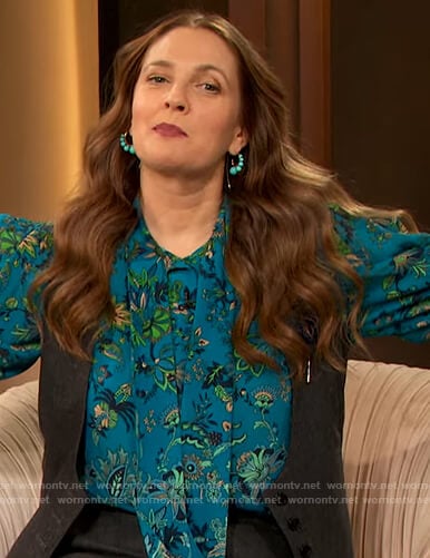 Drew’s blue floral print tie neck blouse on The Drew Barrymore Show