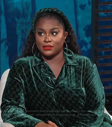 Ester Dean’s green velvet pajama shirt and pants on E! News Daily Pop