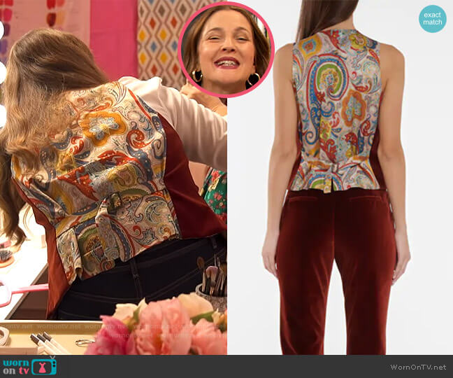 Velvet Vest by Etro worn by Drew Barrymore on The Drew Barrymore Show