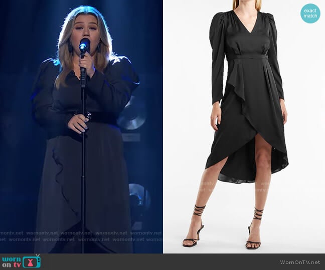 Satin Puff Shoulder Midi Dress by Express worn by Kelly Clarkson on The Kelly Clarkson Show