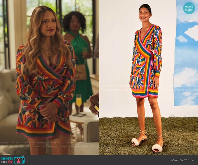 Rainbow Toucans Mini Wrap Dress by Farm Rio worn by De Sousa on Our Kind of People