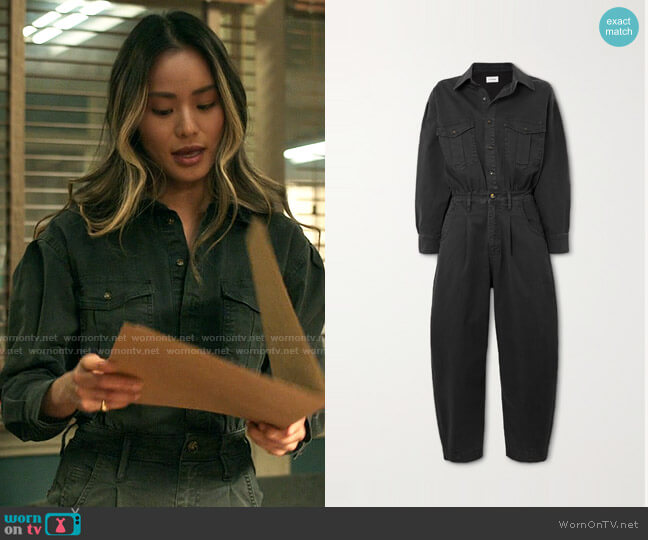 Frame Pleated stretch-denim jumpsuit worn by Molly Park (Jamie Chung) on Dexter New Blood