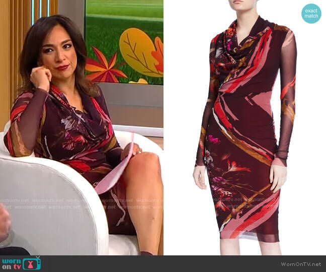 Fuzzi Patchwork Flower Cowl-Neck Long-Sleeve Dress worn by Michelle Miller on CBS Mornings