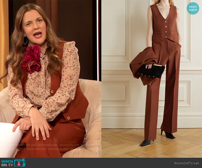 Zelos wool and silk-blend twill vest and pants by Gabriela Hearst worn by Drew Barrymore on The Drew Barrymore Show