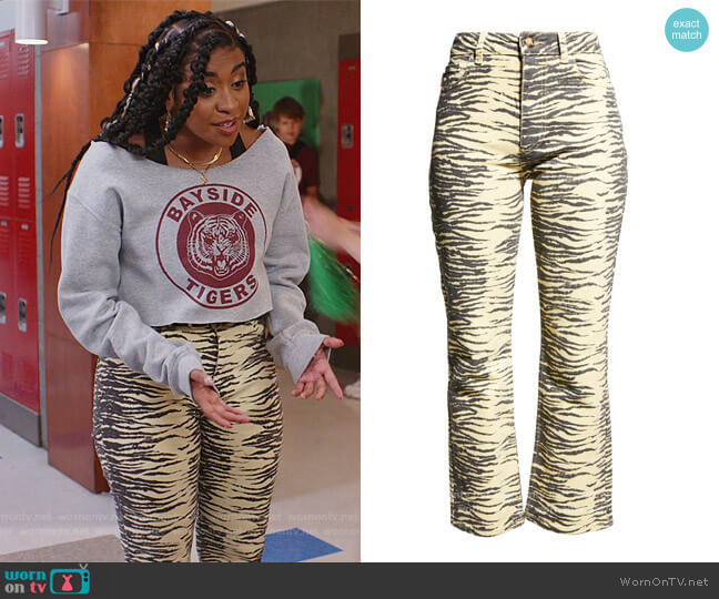 High Waist Zebra Print Straight Leg Jeans by Ganni worn by Aisha (Alycia Pascual-Pena) on Saved By The Bell