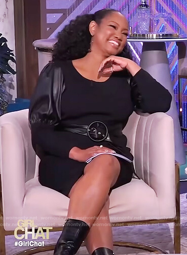 Garcelle’s black leather puff sleeve dress on The Real