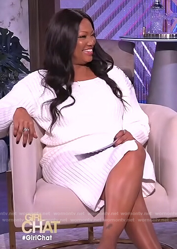 Garcelle's white off shoulder sweater and skirt on The Real