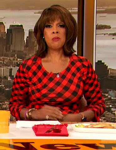 Gayle King's red check asymmetric dress on The Drew Barrymore Show