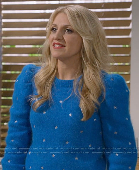 Gina's blue star embroidered sweater on B Positive