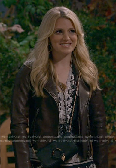 Gina's leather jacket and ring detail bag on B Positive