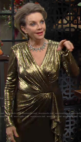 Gloria’s gold long sleeved faux wrap dress on The Young and the Restless