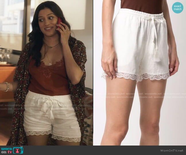 Lili Lace-Trim Drawstring Linen Shorts by Gold Hawk worn by Aneesha Joshi on The Resident worn by Padma (Aneesha Joshi) on The Resident