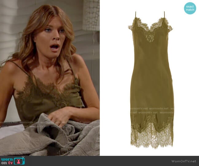 Gold Hawk Coco Bodice Lace Dress in Olive worn by Phyllis Summers (Michelle Stafford) on The Young and the Restless